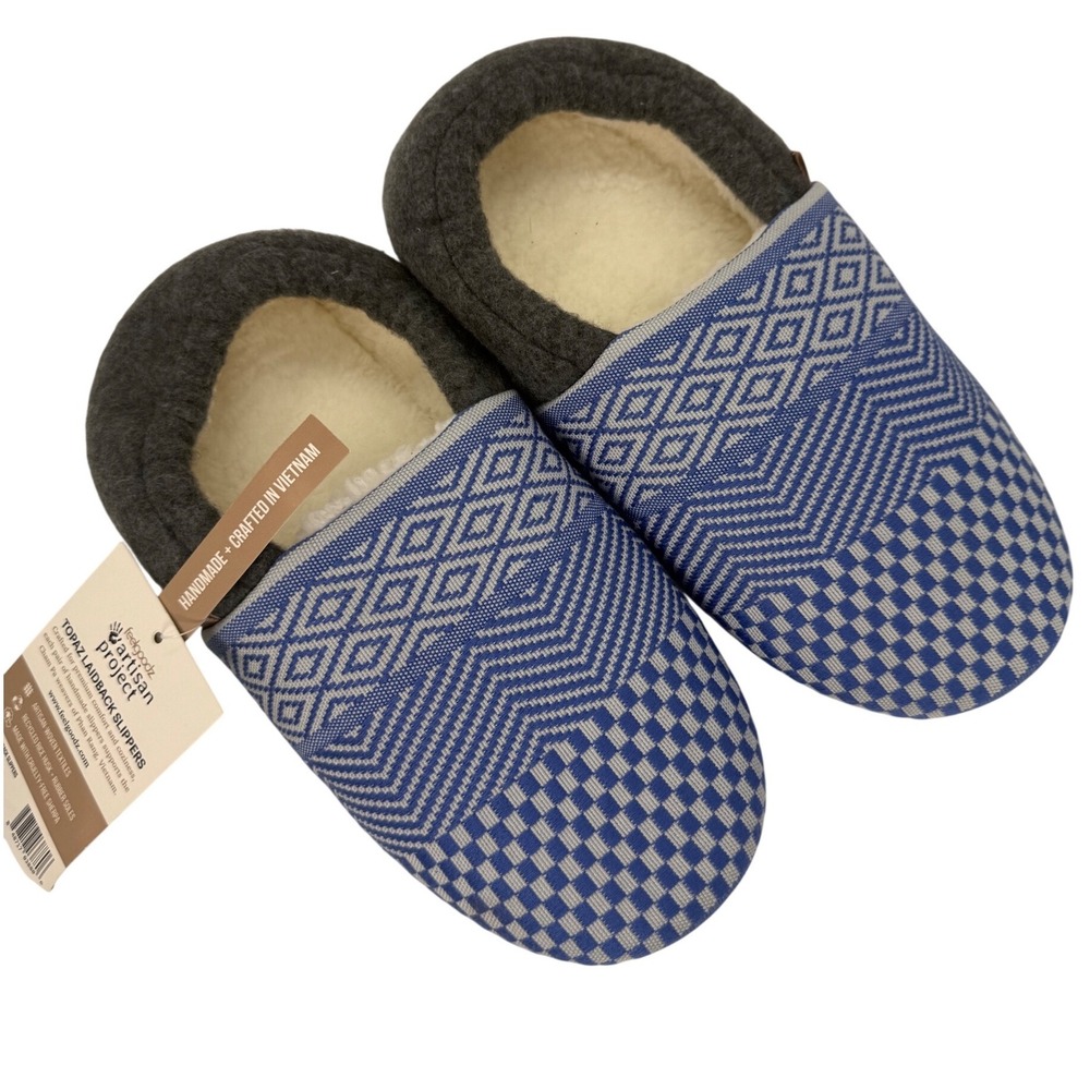 Feelgoodz Topaz Laidback Slippers Blue Grey Artisan Woven Sherpa Women Small 6-7